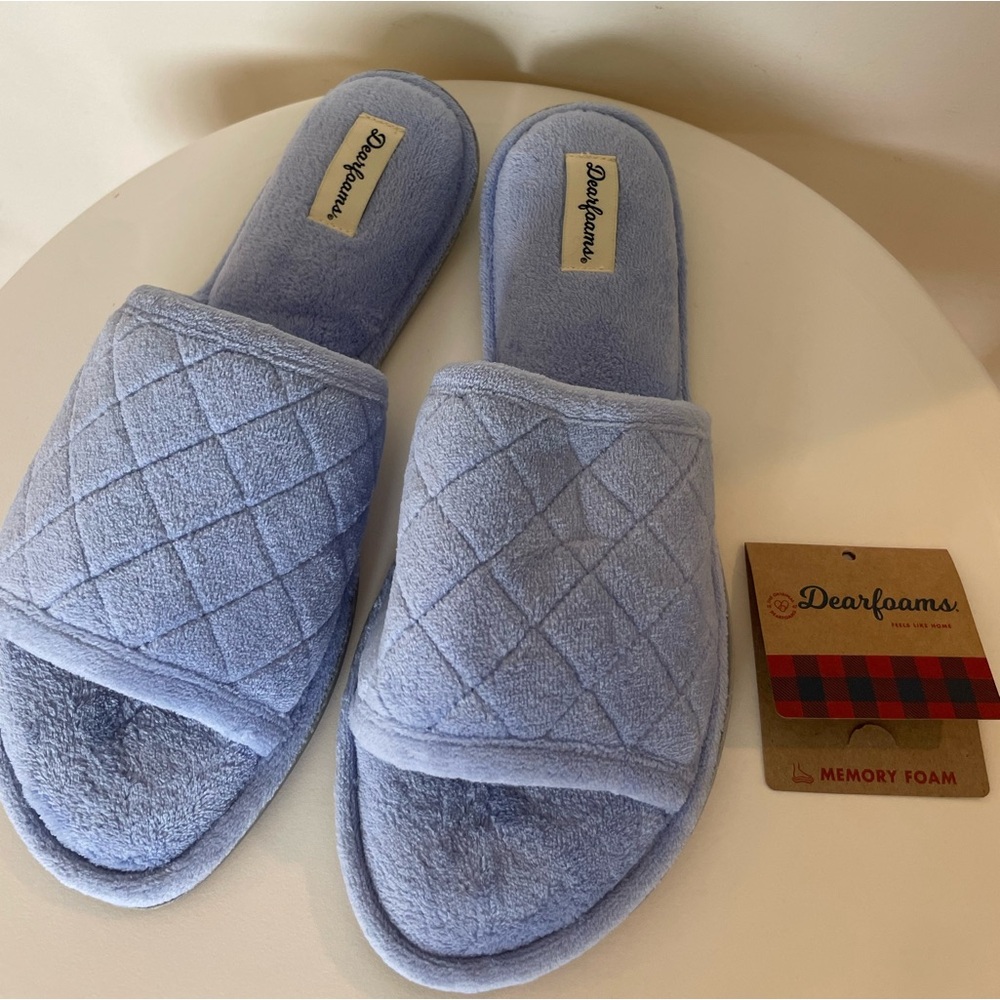 Dearfoams Quilted Memory Foam Slippers in Soft Blue